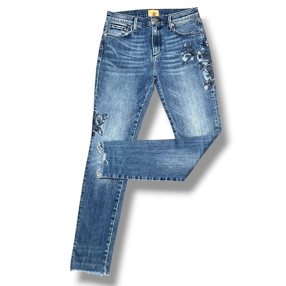 Driftwood Jackie Floral Embroidered Straight Leg Jeans Blue Raw Hem Size 27